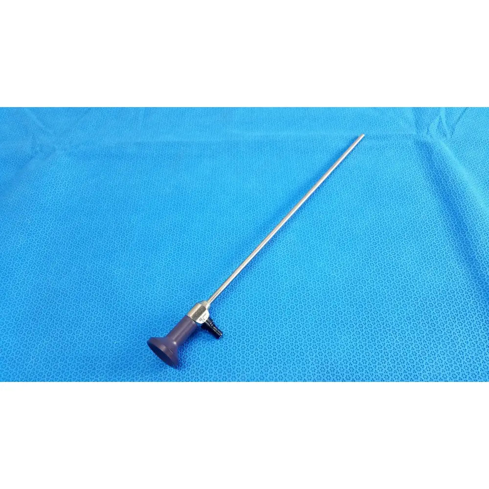 Stryker 5.5mm 0° autoclavable endoscope with silver metal body purple ergonomic handle and black connector for reuse medical use