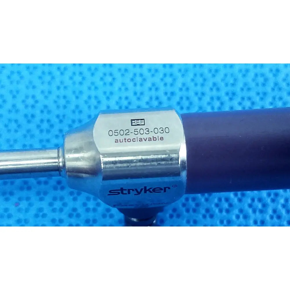 Stryker 5.5mm 0° autoclavable endoscope with metallic silver shaft and dark blue handle for reuse medical applications