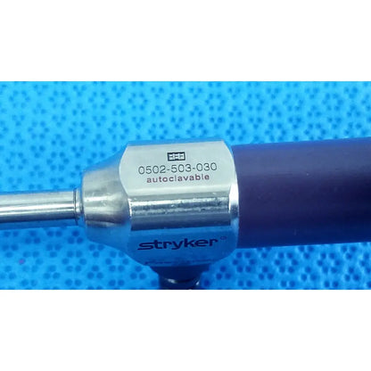 Stryker 5.5mm 0° autoclavable endoscope with metallic silver shaft and dark blue handle for reuse medical applications
