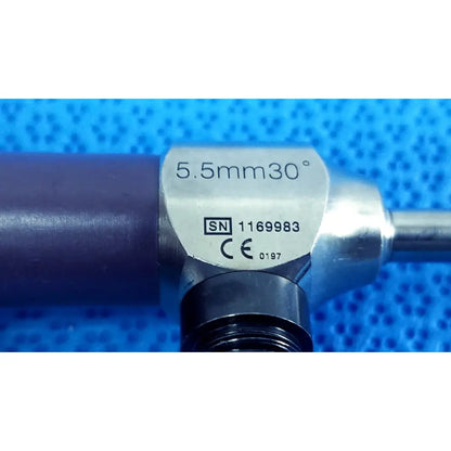 Silver-colored stryker 5.5mm 0° autoclavable endoscope with metallic finish and engraved specifications for reuse medical use