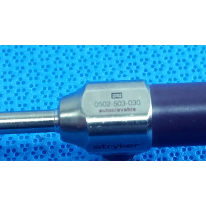 Silver metallic stryker 5mm 30° autoclavable endoscope with hexagonal head engraved model number for reuse medical use