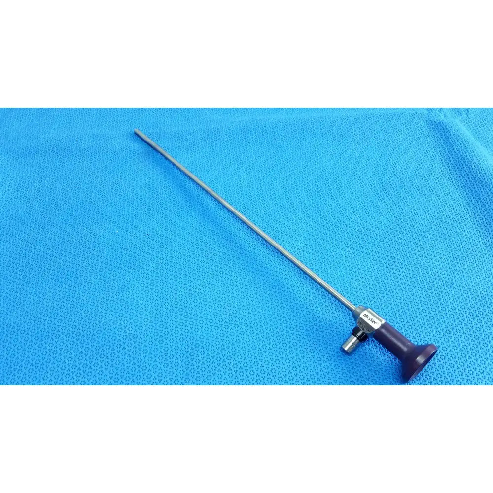 Purple-handled stryker 5mm 30° autoclavable endoscope with slender metallic shaft for reuse medical procedures