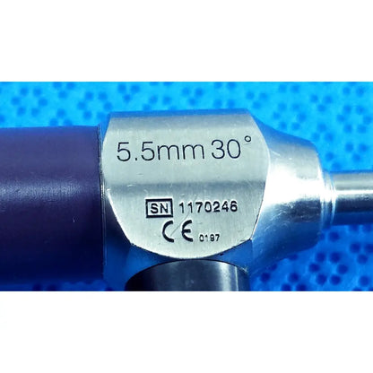 Silver metallic stryker 5.5mm 30° autoclavable endoscope with purple handle for reuse medical applications