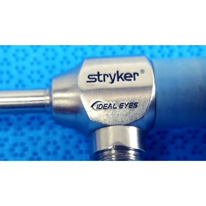 Silver metallic stryker ideal eyes 5mm 0 degree autoclavable endoscope with engraved branding on its body