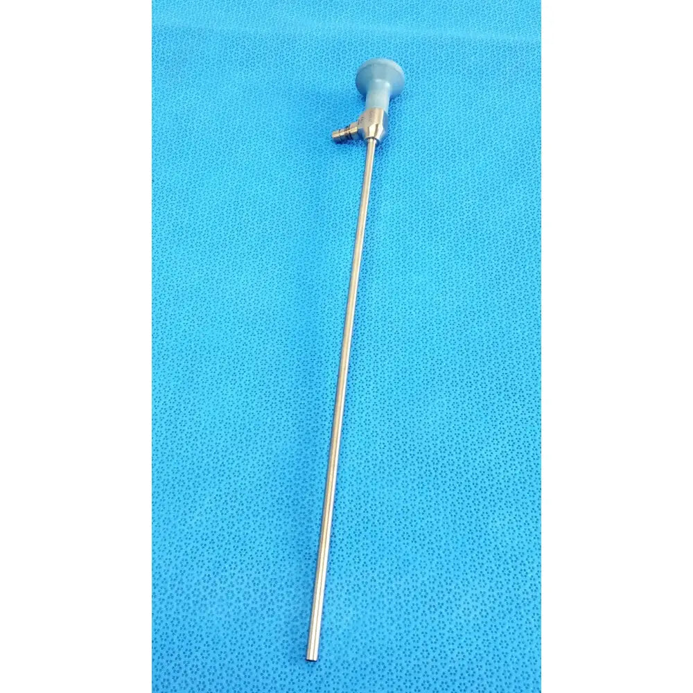 A sleek metallic stryker ideal eyes 5mm 0° autoclavable endoscope with gray plastic handle and brass fittings