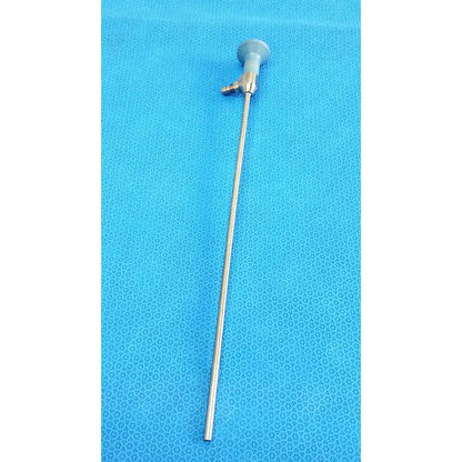 A sleek metallic stryker ideal eyes 5mm 0° autoclavable endoscope with gray plastic handle and brass fittings