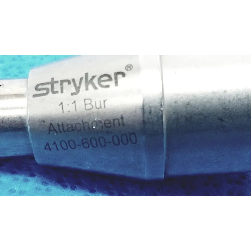 Stryker 1:1 bur attachment model 4100-600-000 with metallic silver finish and engraved branding for reuse medical