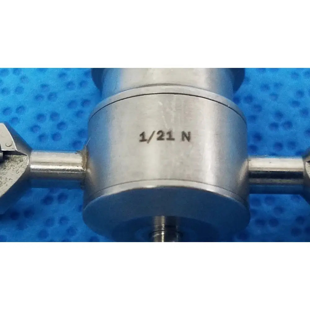 Silver metallic cylindrical Stryker arthroscopic cannula speed-lock instrument with engraved 1/21 n marking and two handles