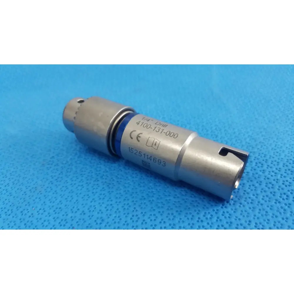Stryker 1/4 inch silver metallic drill bit with blue insulating band and engraved markings for reuse medical orthopedic instruments