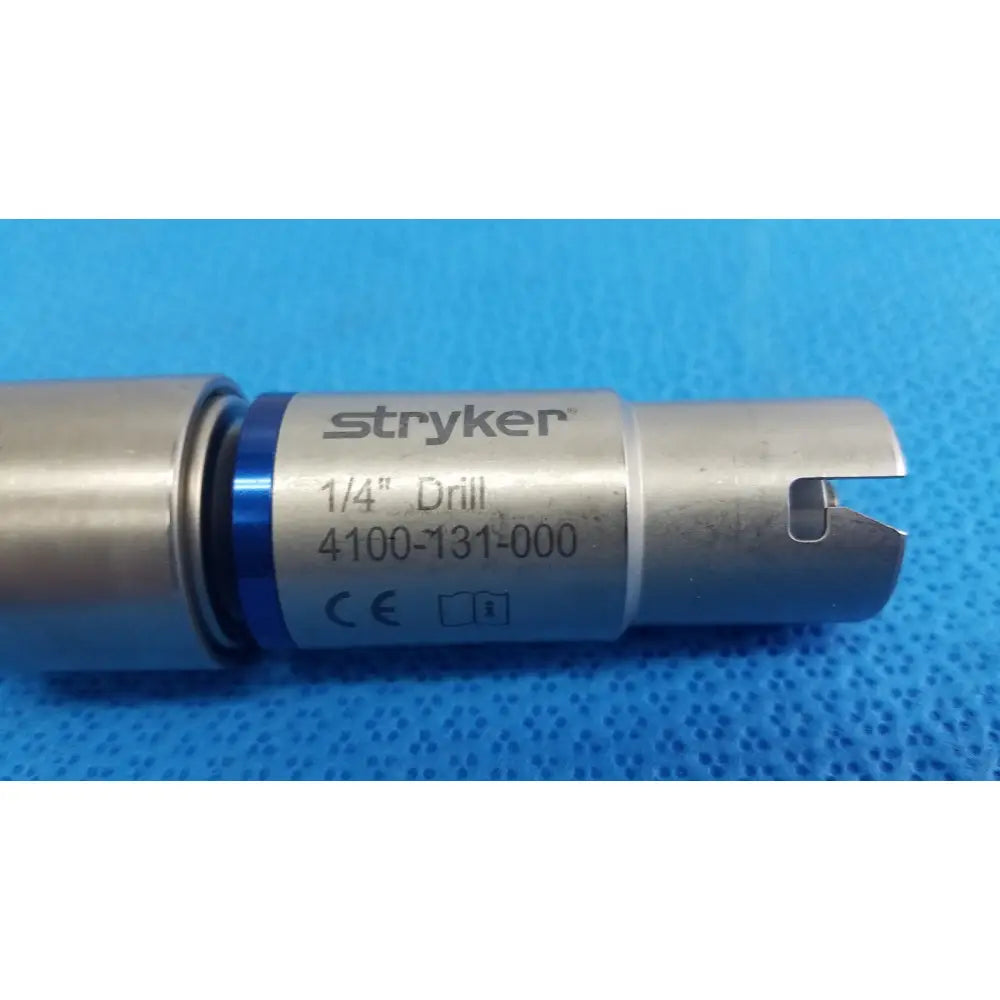 Stryker 1/4 inch drill bit with metallic finish and blue accent band for reuse medical and orthopedic instruments