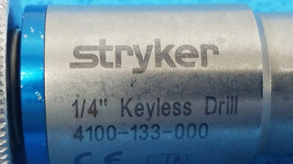 Stryker 1/4 inch keyless drill with metallic body and blue accents designed for reuse medical applications