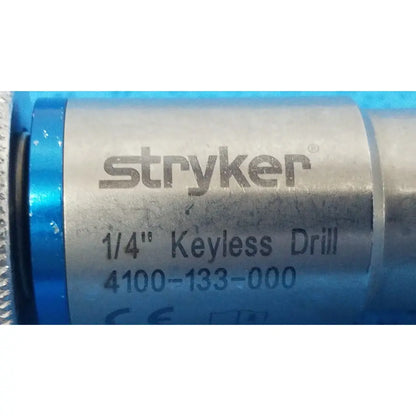 Stryker 1/4 inch keyless drill with metallic body and blue accents designed for reuse medical applications