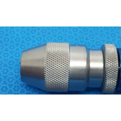Silver metallic stryker 1/4 keyless drill chuck with textured grip for reuse medical applications