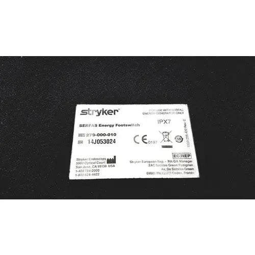 Stryker 270-000-010 serfas energy footswitch with white label black text and certification marks on the back side