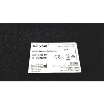 Stryker 270-000-010 serfas energy footswitch with white label black text and certification marks on the back side