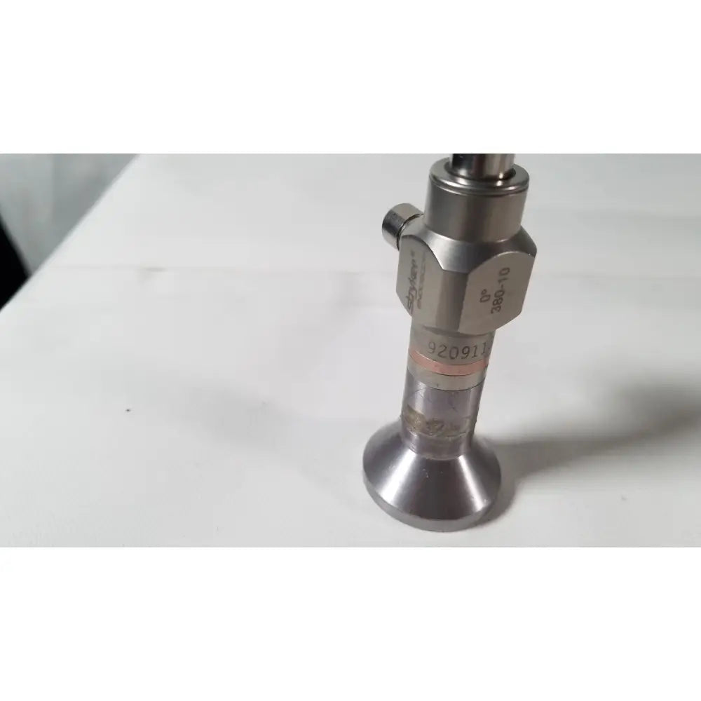 Silver metallic industrial valve with hexagonal body and engraved markings for stryker 380-10 10mm 0 degree rigid laparoscope