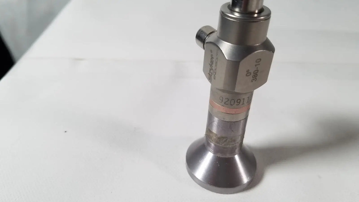 Silver metallic industrial valve with hexagonal body and engraved markings for stryker 380-10 10mm 0 degree rigid laparoscope
