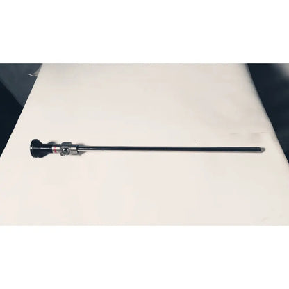 Stryker 380-10mm 0 degree rigid laparoscope with black and silver cylindrical body and metallic joints