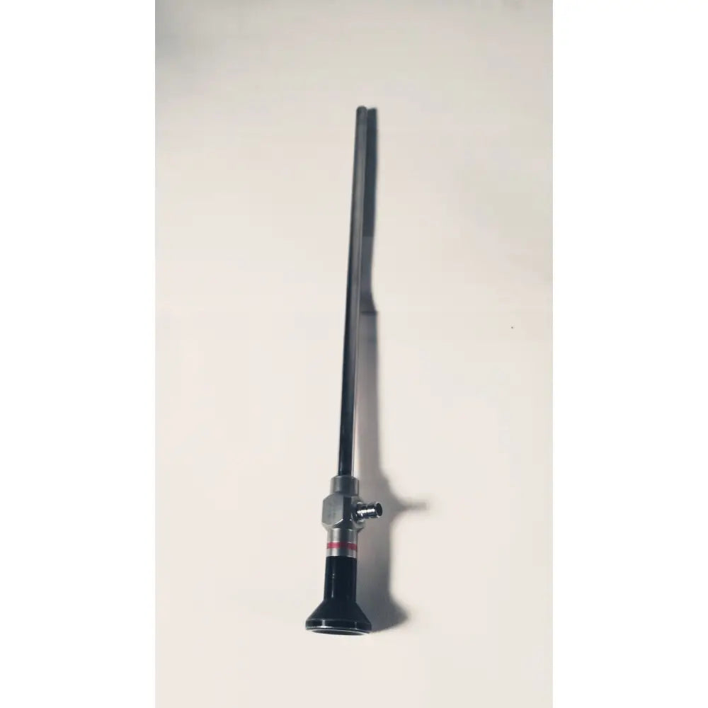 Black and silver Stryker 380-10mm 0 degree rigid laparoscope with slender shaft and cylindrical metallic handle
