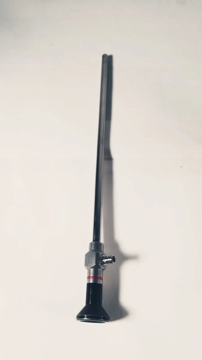 Black and silver Stryker 380-10mm 0 degree rigid laparoscope with slender shaft and cylindrical metallic handle