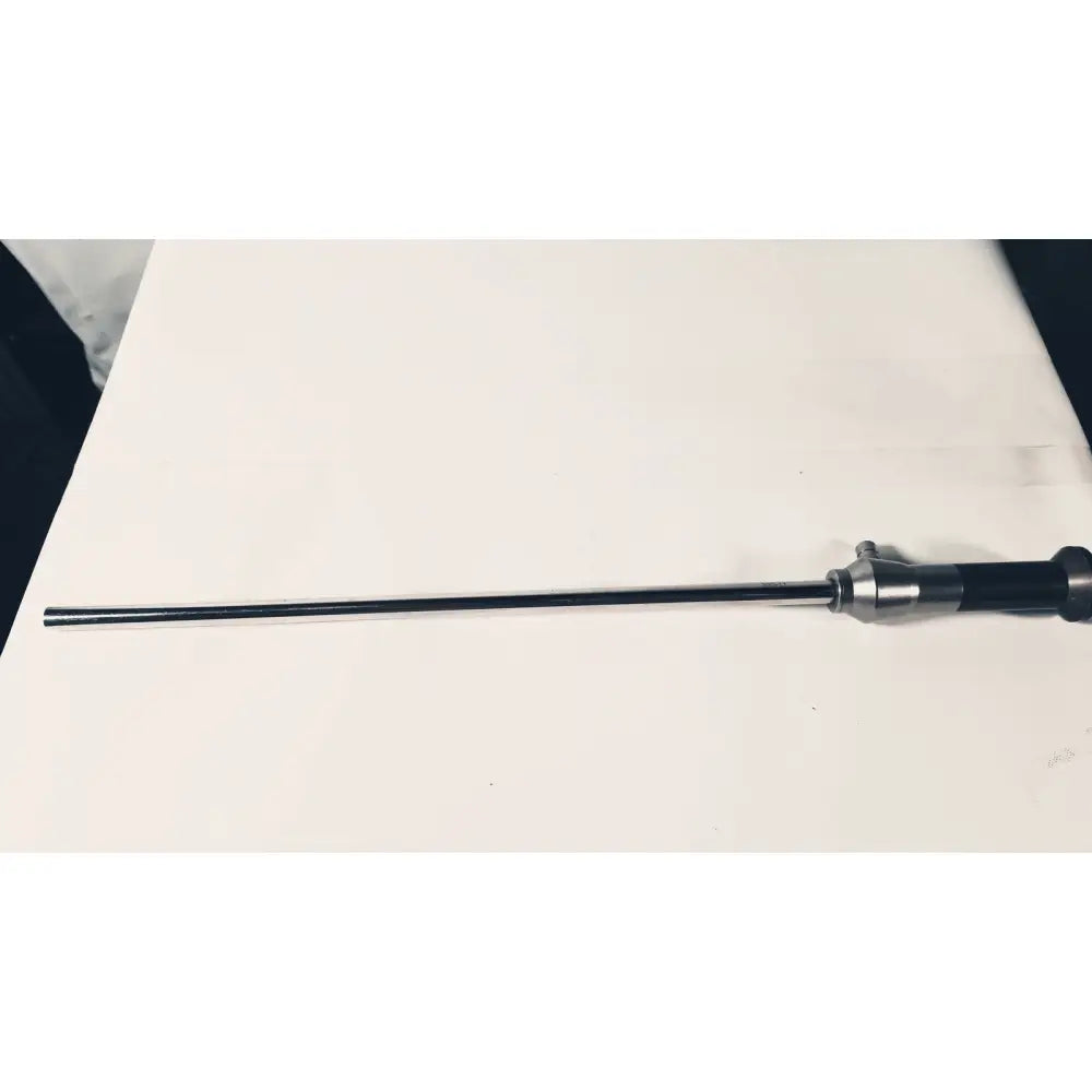 Black and silver Stryker 380-11 laparoscope 0 degree 10 mm with slender metallic shaft and ergonomic handle for reuse medical use