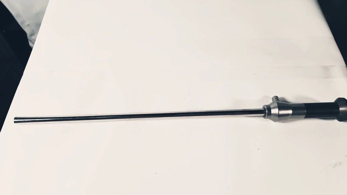 Black and silver Stryker 380-11 laparoscope 0 degree 10 mm with slender metallic shaft and ergonomic handle for reuse medical use