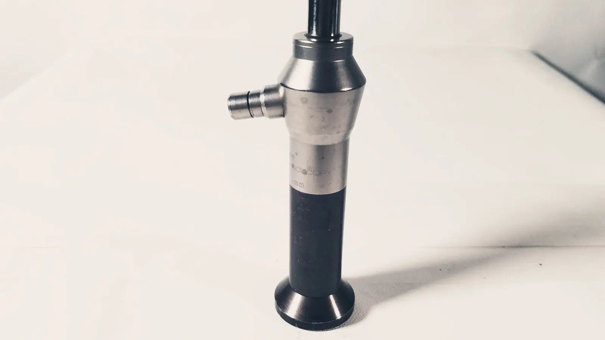 Black and silver Stryker 380-11 laparoscope 0 degree 10 mm with textured grip for reuse medical procedures