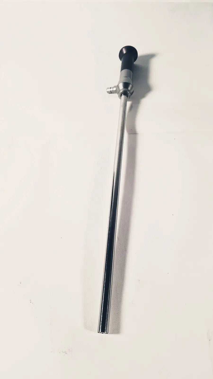 Silver stryker 380-11 laparoscope 0 degree 10 mm with black ergonomic handle and metallic joints for reuse medical use