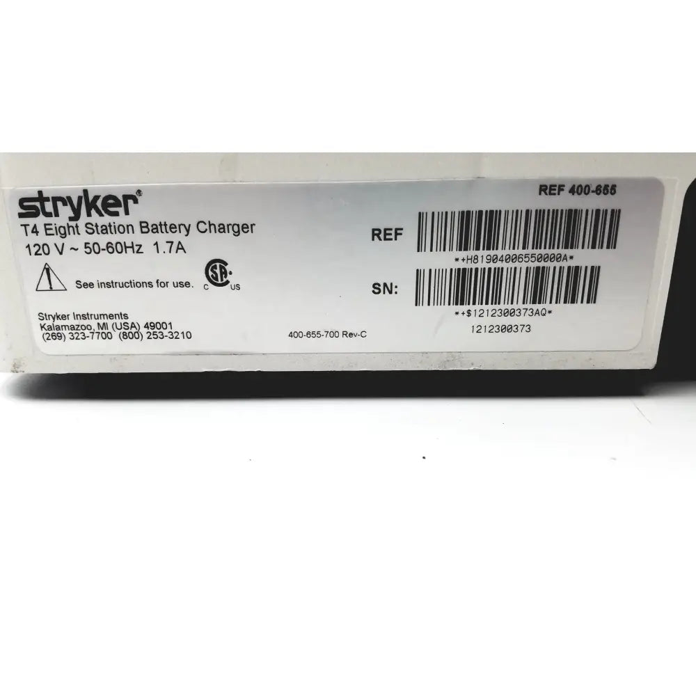 Stryker 400-655 Steri-Shield eight station battery charger white plastic box with black text and barcode labels