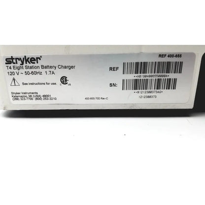 Stryker 400-655 Steri-Shield eight station battery charger white plastic box with black text and barcode labels