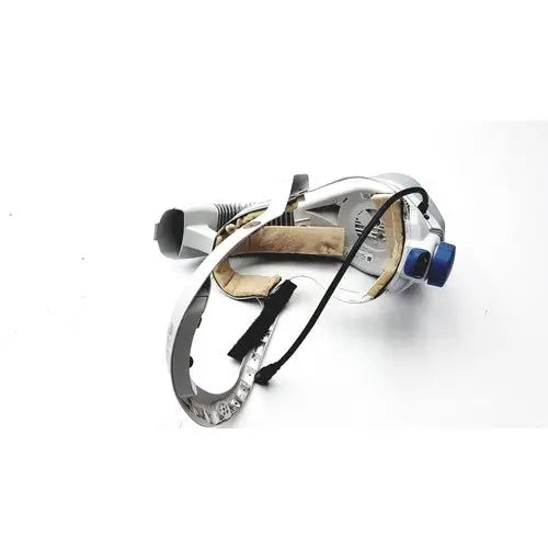 Silver and black vr flyte helmet with blue accents featuring worn interior strap and exposed wiring for personal protection weighing 0.47kg