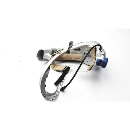 Silver and black vr flyte helmet with blue accents featuring worn interior strap and exposed wiring for personal protection weighing 0.47kg