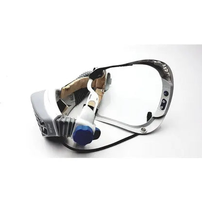 Silver and black vr headset with blue button and adjustable strap designed as flyte helmet for 0.47kg personal protection