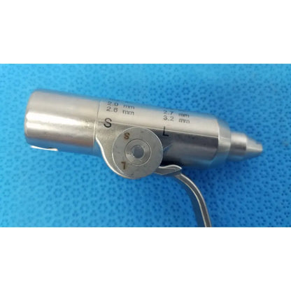 Silver adjustable pin collet stryker 4100-126-000 with engraved millimeter markings for precise reuse medical applications