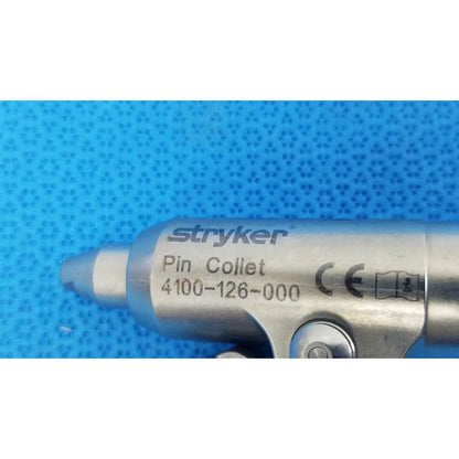 Stryker 4100-126-000 adjustable pin collet made of polished stainless steel with engraved markings and adjustable pin feature