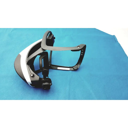 Black and white stryker 416-600-000 surgical helmet frame with adjustable headband and power cord protective mounting brackets