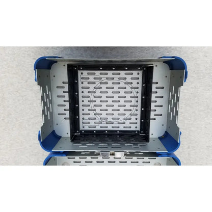 Blue and silver metal cd3 sabo saw sports medicine trauma sterilization case with perforated interior tray storage