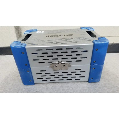 Silver metal and blue plastic stryker cd3 sabo sports medicine trauma sterilization case with perforated sides
