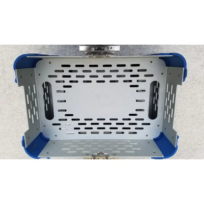Blue and silver metal sports medicine trauma cd3 sabo pet carrier with perforated sides and latch mechanism