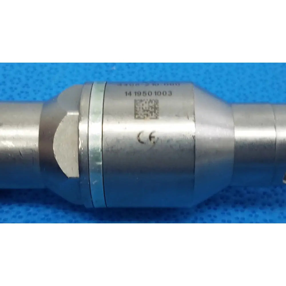 Silver metallic cylindrical reuse medical device with engraved markings and qr code poweream large by stryker