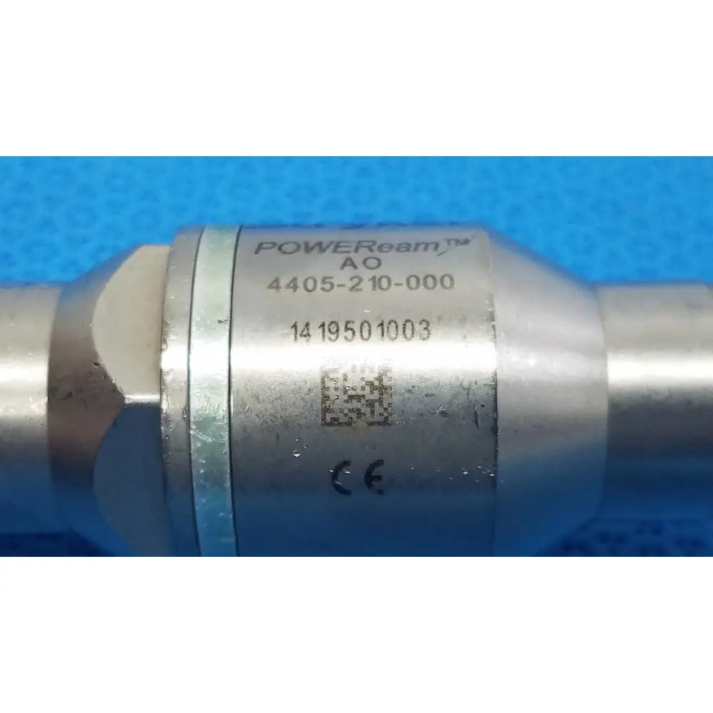 Silver metallic cylindrical poweream large reuse medical component with engraved branding and serial numbers for Stryker 4405-210-000
