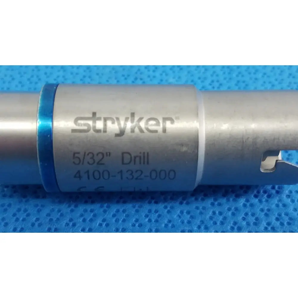 Stryker 5/32 inch drill bit with metallic silver body and blue accent ring for reuse medical orthopedic instruments