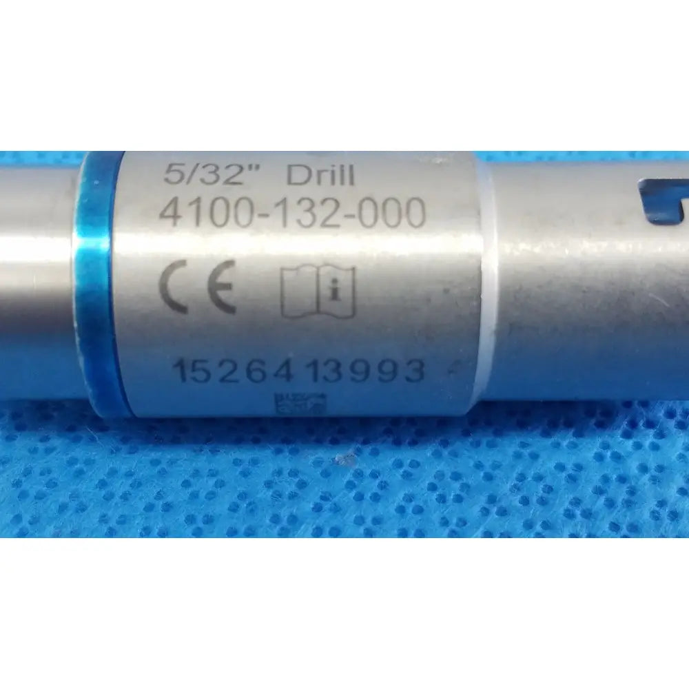 Stryker 5/32 inch silver metal drill bit with blue band and engraved markings for reuse medical orthopedic instruments