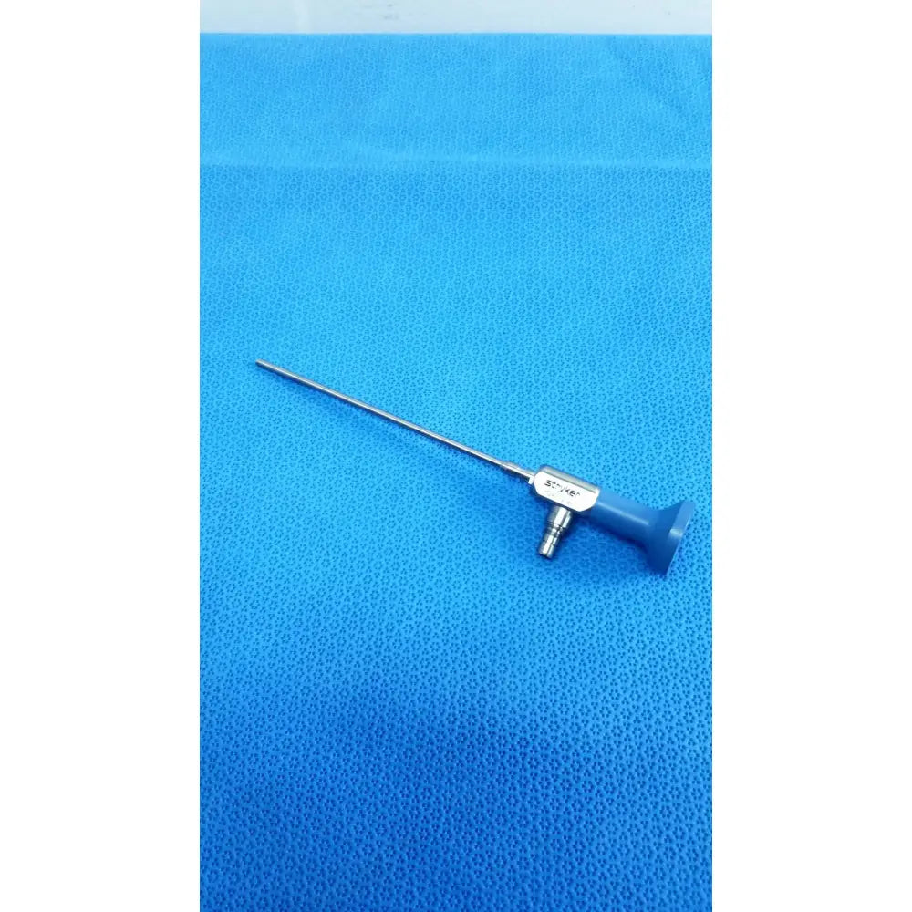 Blue-handled surgical instrument with long metallic shaft and silver connector ideal eyes 4mm autoclavable endoscope