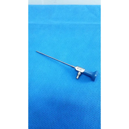 Blue-handled surgical instrument with long metallic shaft and silver connector ideal eyes 4mm autoclavable endoscope