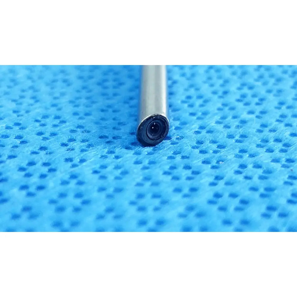 Silver cylindrical stryker ideal eyes 4mm 30 degree autoclavable endoscope with black lens on blue textured surface