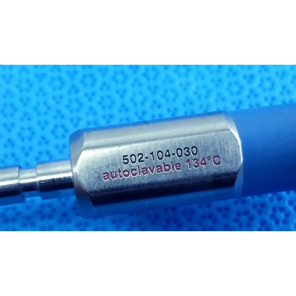 Silver metallic cylindrical stryker ideal eyes 4mm 30 degree autoclave endoscope with blue rubber grip and engraved markings