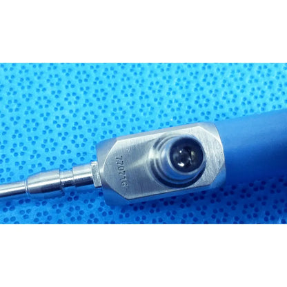 Blue-handled stryker ideal eyes 4mm autoclavable endoscope with metallic hexagonal head and central lens showing serial number