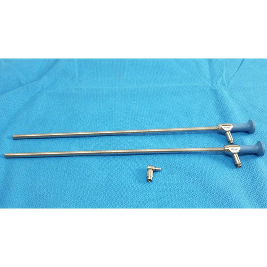 Two metallic ideal eyes 10mm surgical endoscopes with blue ergonomic handles and silver connector on textured blue surface