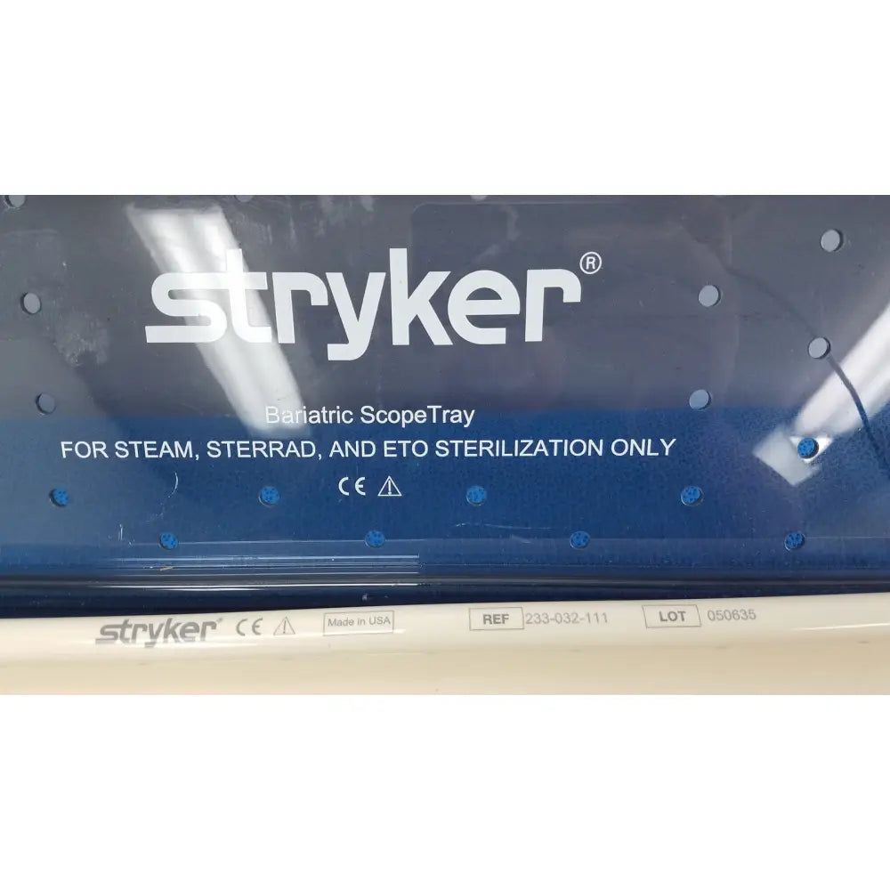 Blue stryker bariatric scope tray with white branding and sterilization instructions for ideal eyes 10mm autoclave use